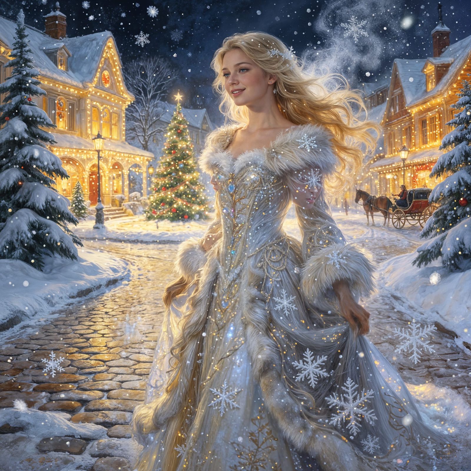 Beautiful Woman in Snowy Christmas Town Oil Painting