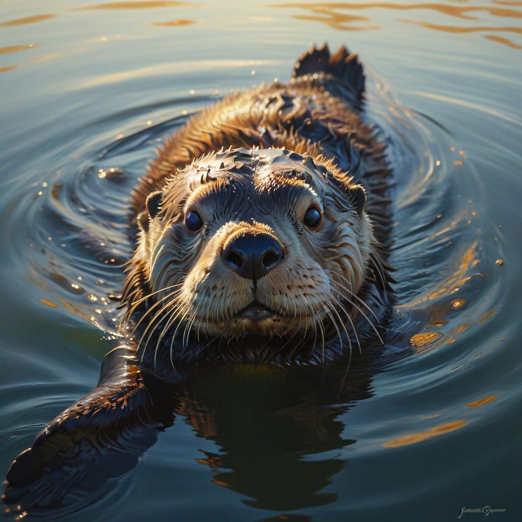 Sea Otter Floating Relaxed in Warm Golden Light