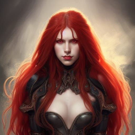Crimson Haired Demon Woman Portrait, Hyperdetailed Digital A...