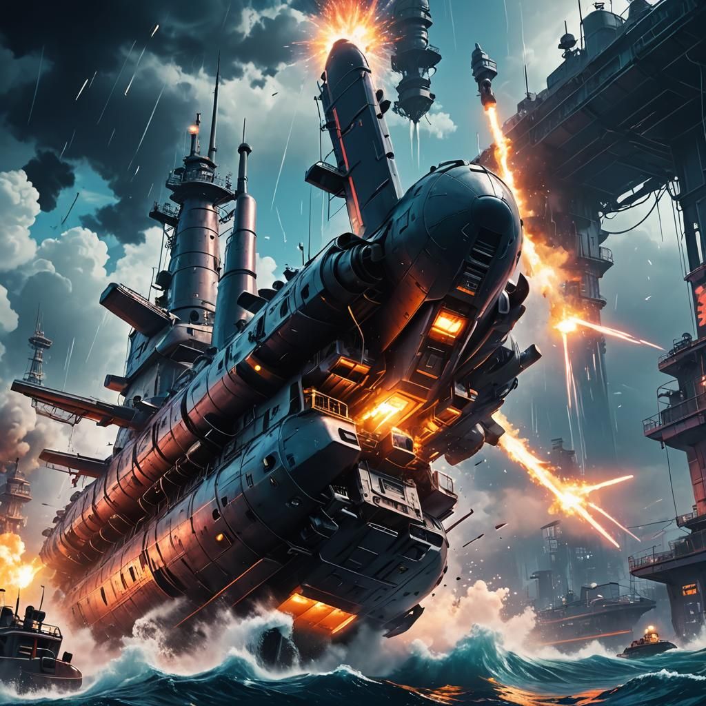 Cyberpunk Submarine Torpedo Launch in Anime Style