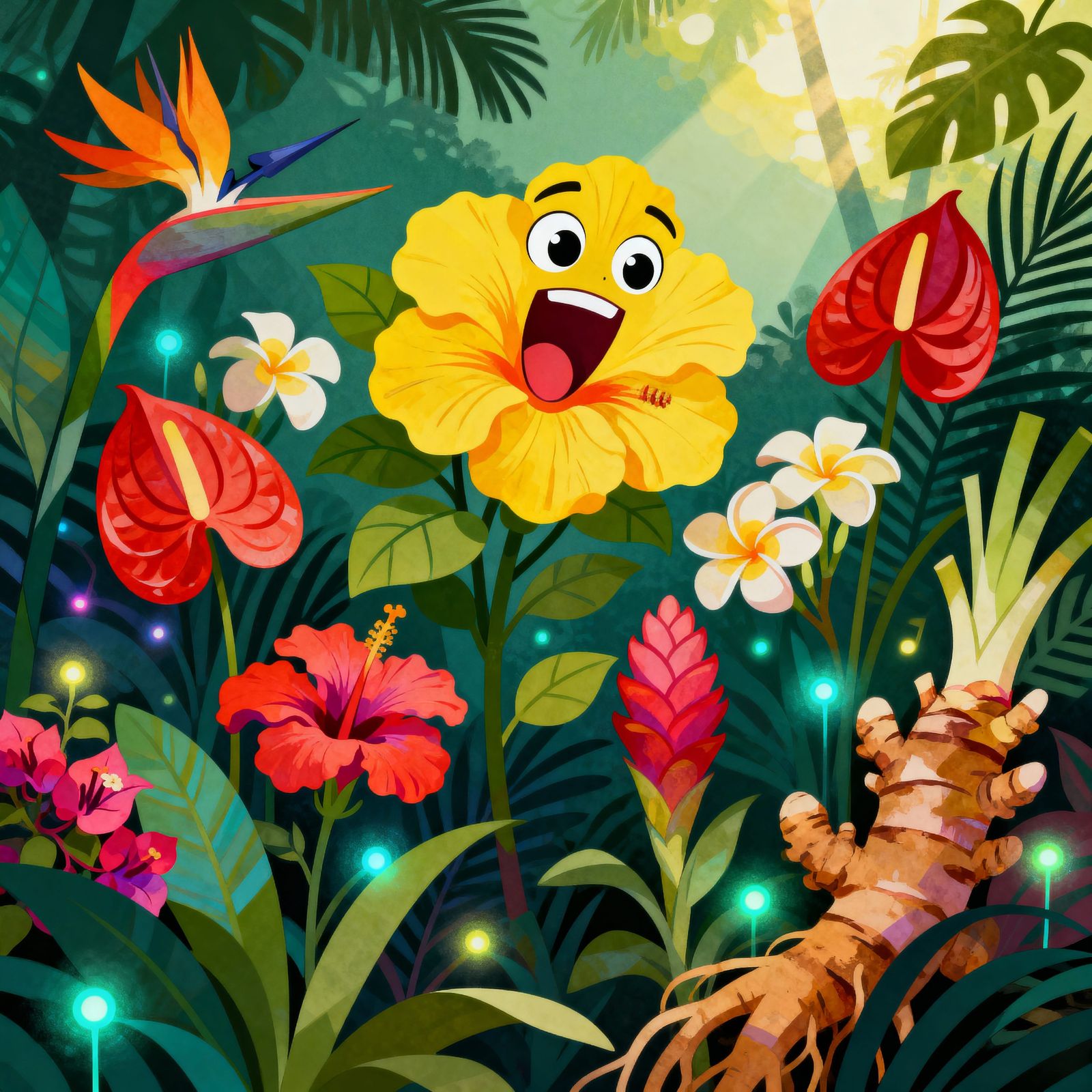 Singing Tropical Flowers in Vibrant Hawaiian Scene