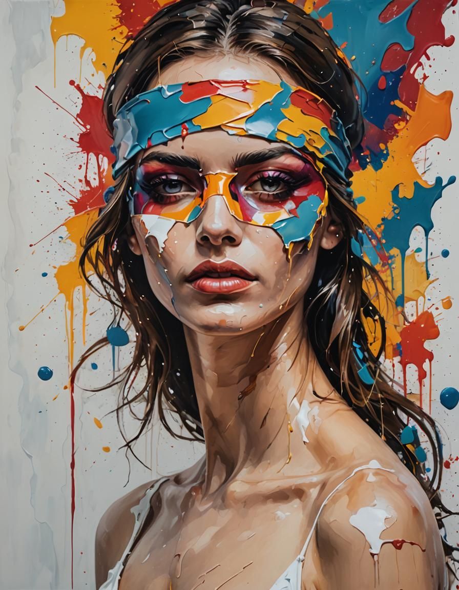 a painting of a woman wearing a blindfold, L7m, beautiful at...