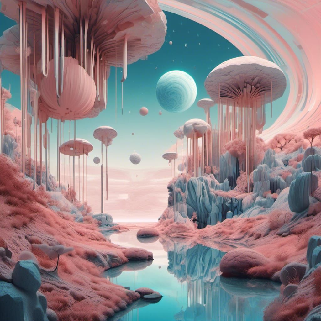 "<lora:Frequency:1.0>Create a fantastical scene with vertiginous cliffs that melt and distort, blending Tilted angles in...