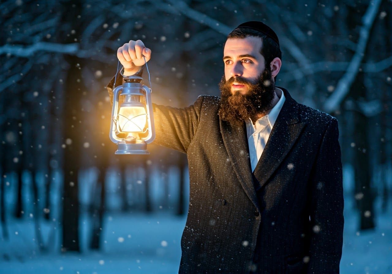 Orthodox Jewish Man Stands in Snowy Forest, Holding Glowing ...