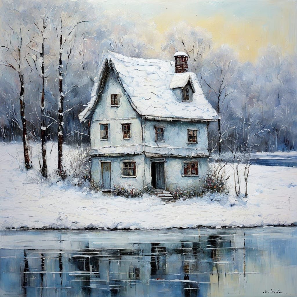 Sweet White Cottage by Frozen Lake, Textured Naive Painting