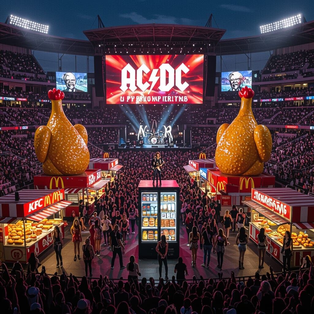 Stadium Concert with Fried Chicken and Futuristic Flair