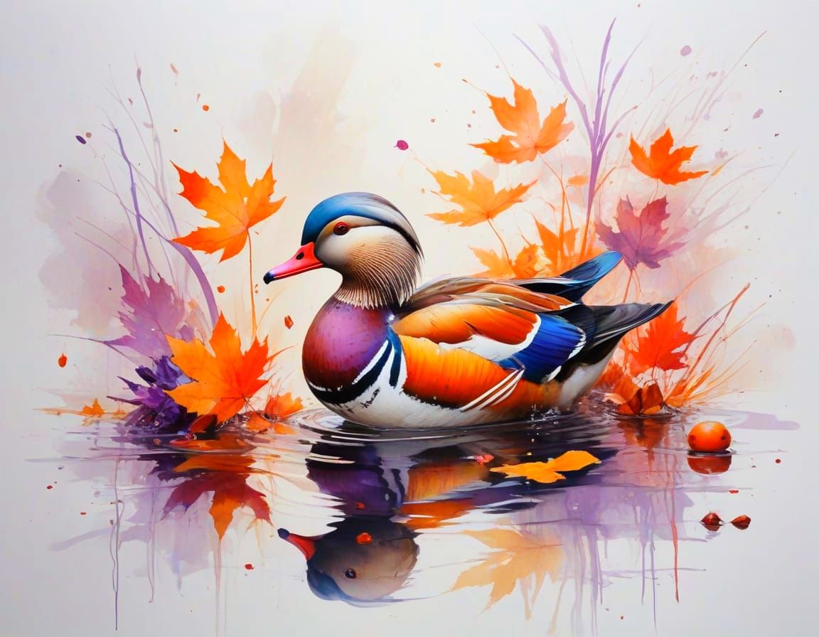Mandarin Duck Gliding on Autumn Pond in Watercolour