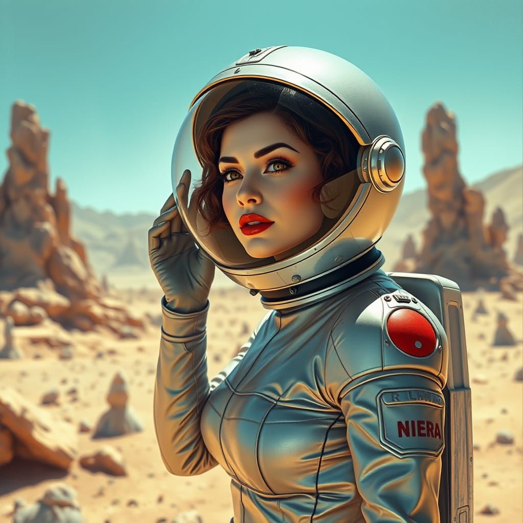 Retro-Futuristic Pinup Explorer on Alien Planet