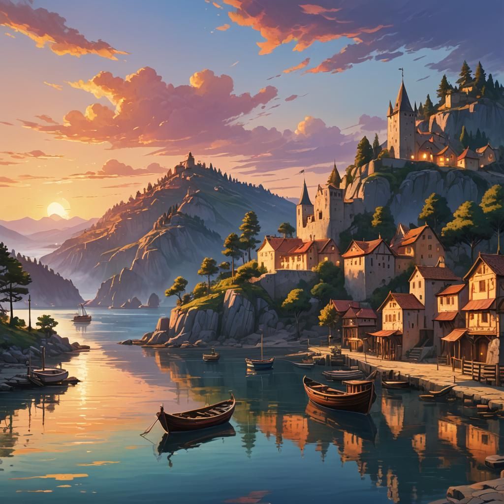 Medieval Harbor Sunset: Digital Anime-Style Painting