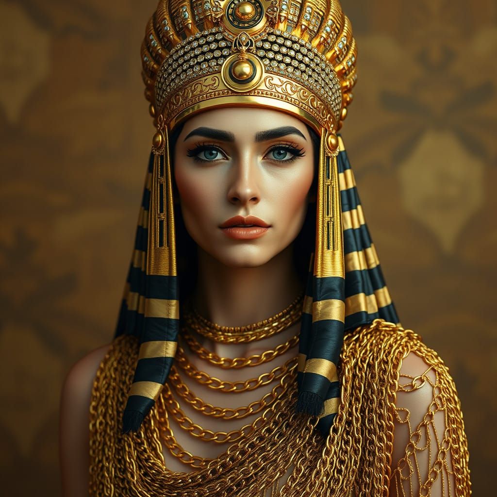 Ancient Egyptian Queen in Lavish Golden Regalia
