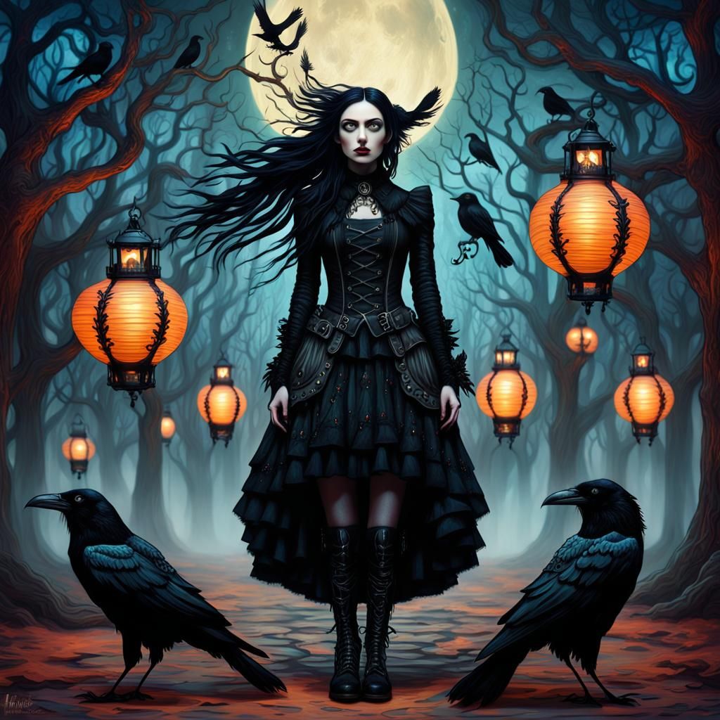 Raven Girl in Swirling Surrealist Dreamscape