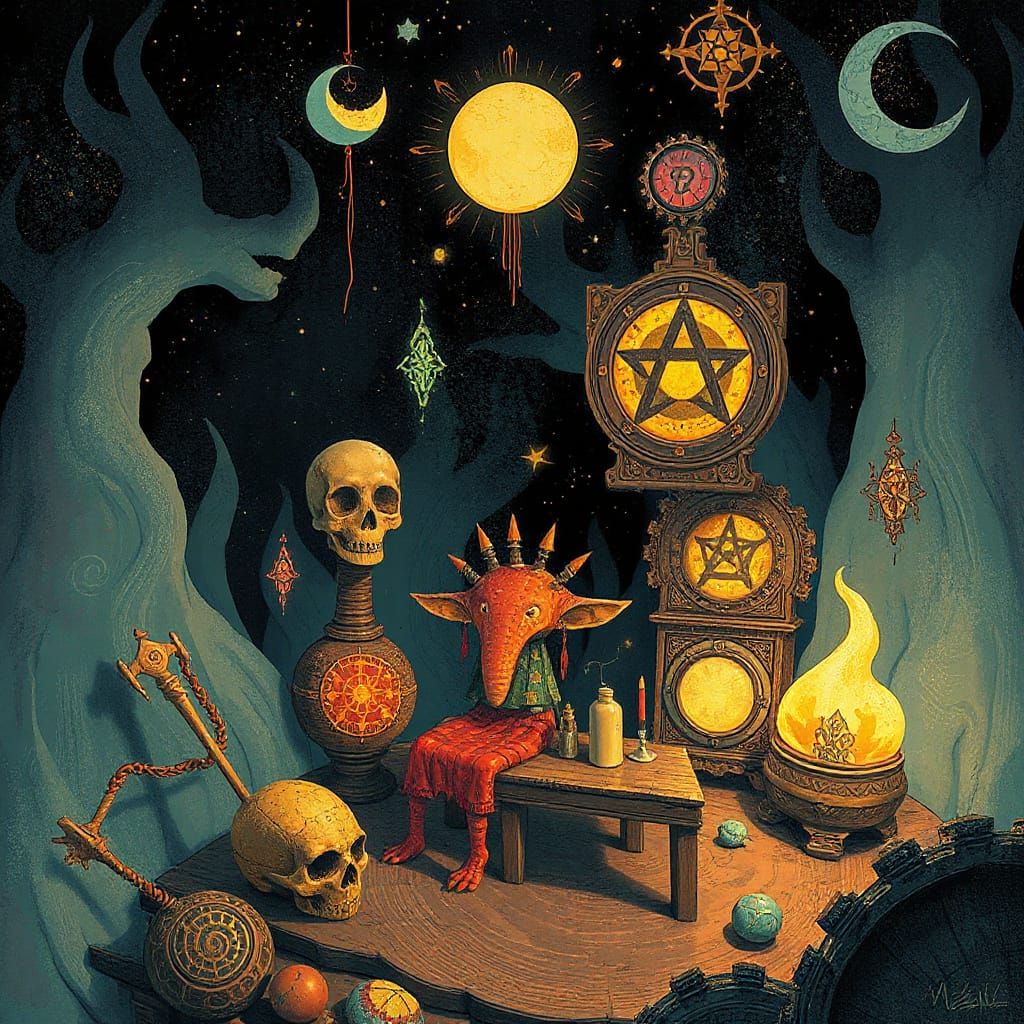 Dreamlike Fantasy Scene with Arcane Glyphs in Collage Style