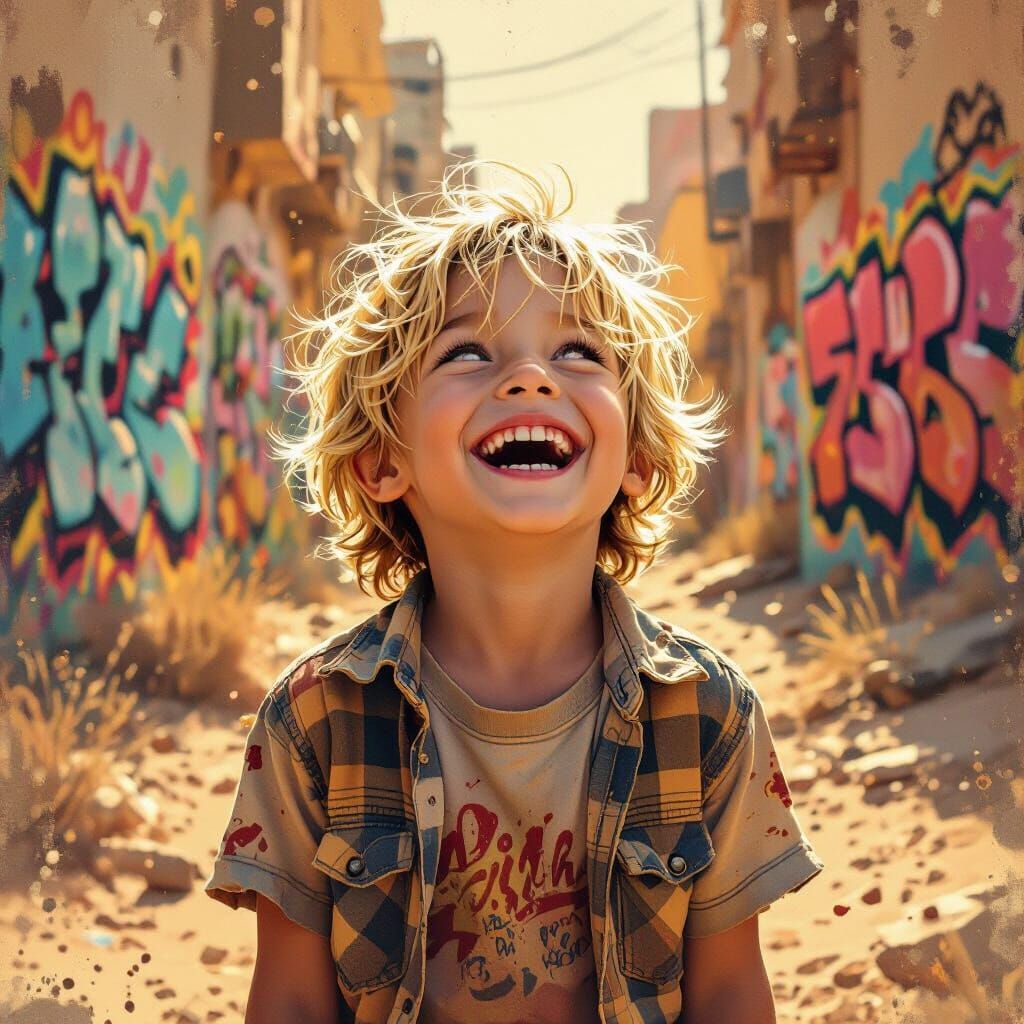 Joyful Boy in Post-Apocalyptic Landscape