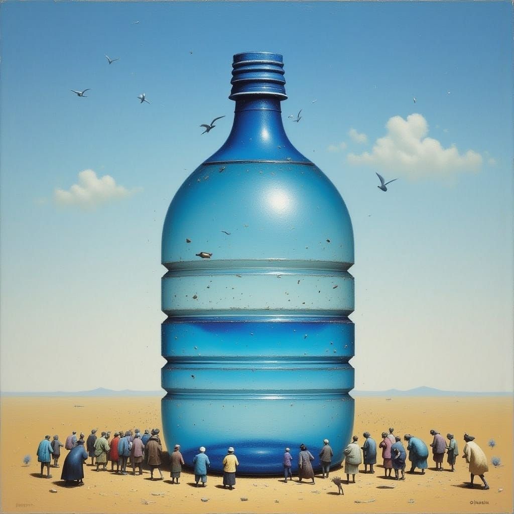 People Worship Giant Water Bottle in Desert Landscape