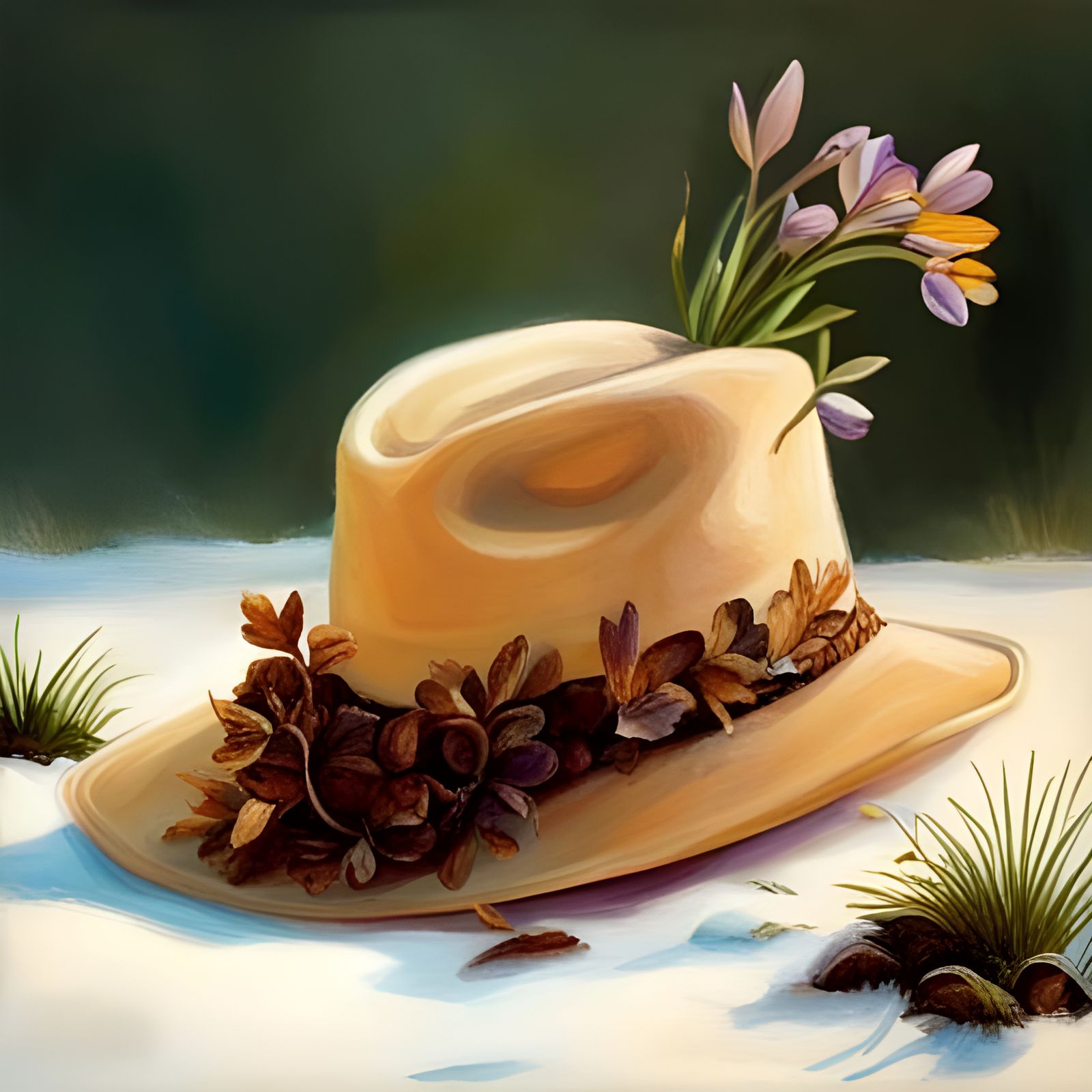 Summer Hat in Snow with Crocuses and Autumn Leaves
