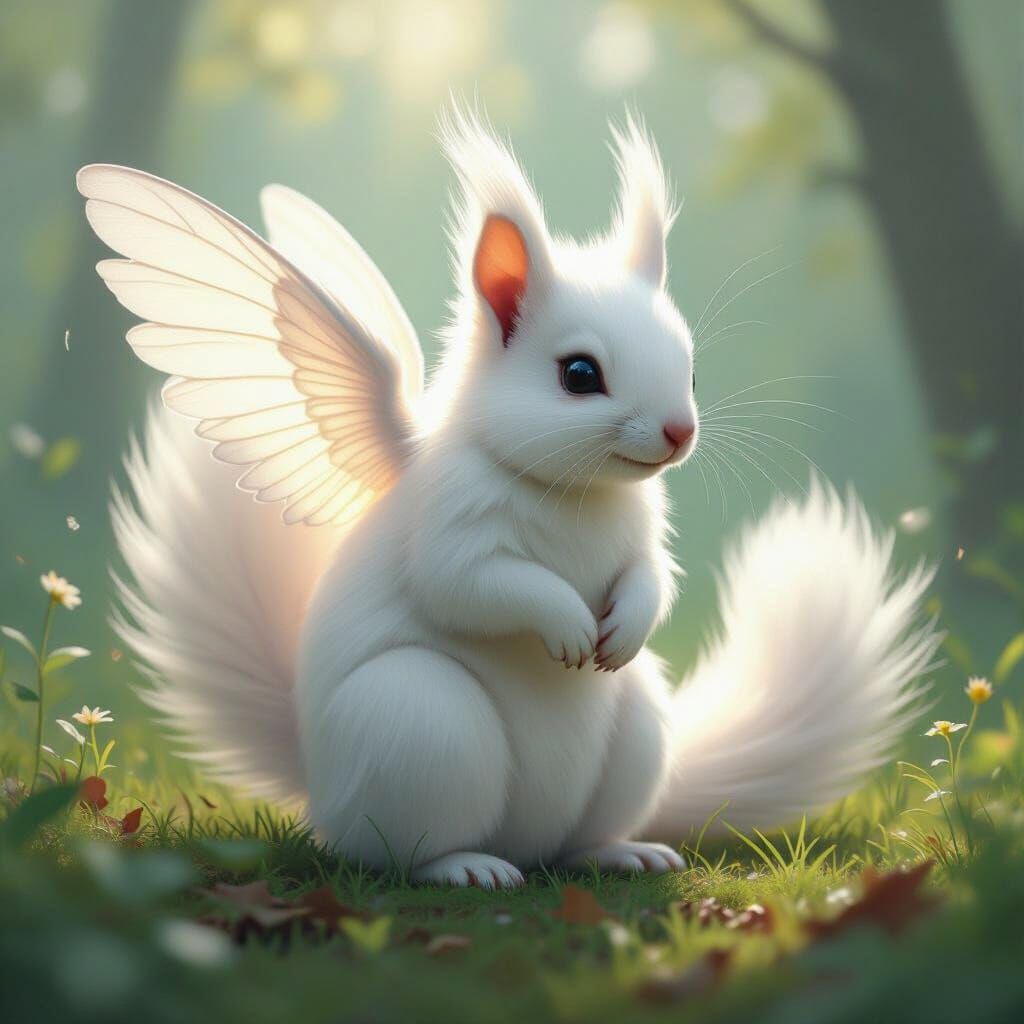 Whimsical White Squirrel with Wings Illustration