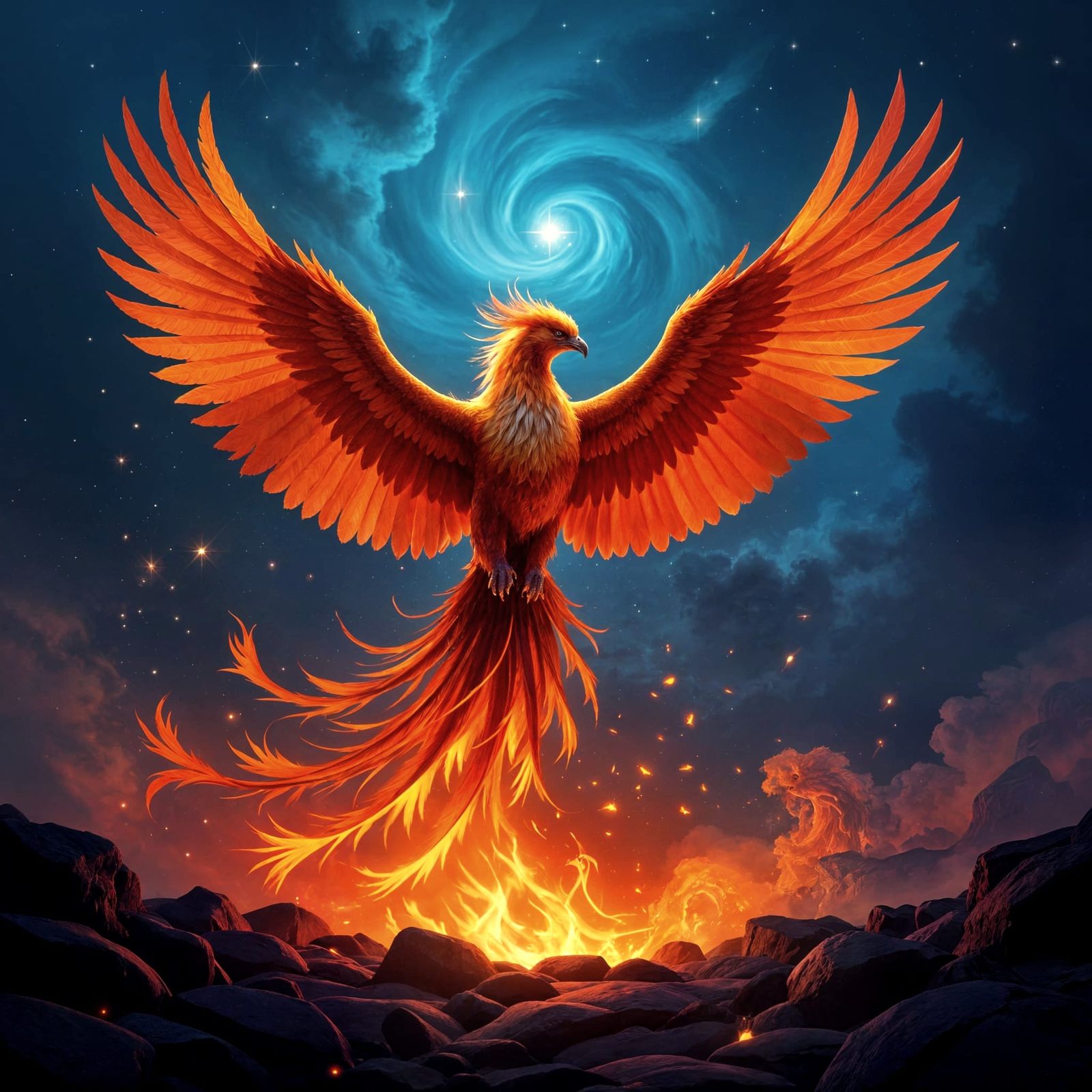 Majestic Phoenix Rises from Glowing Embers in Nebula