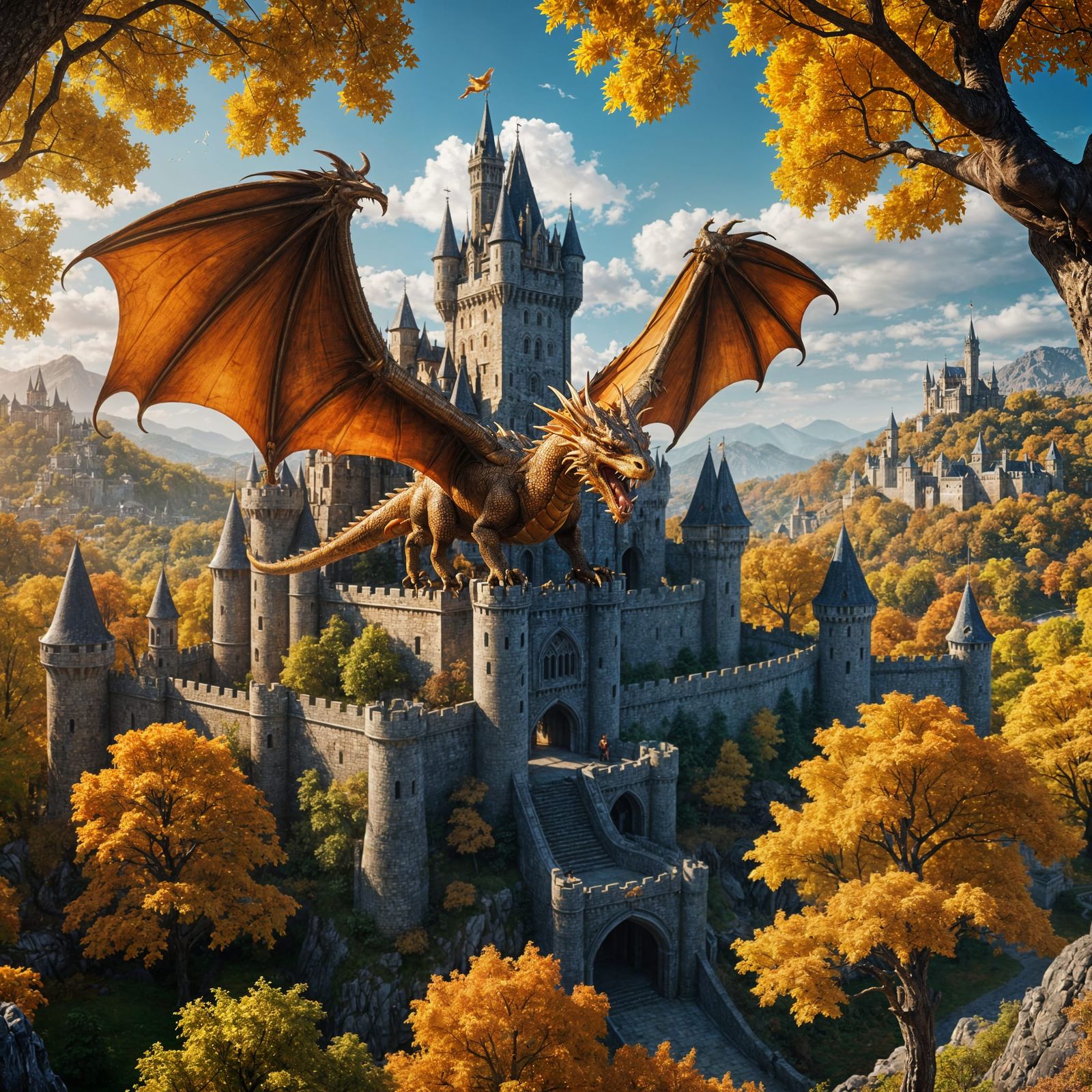 Majestic Golden Dragon Soaring Over Medieval Castle