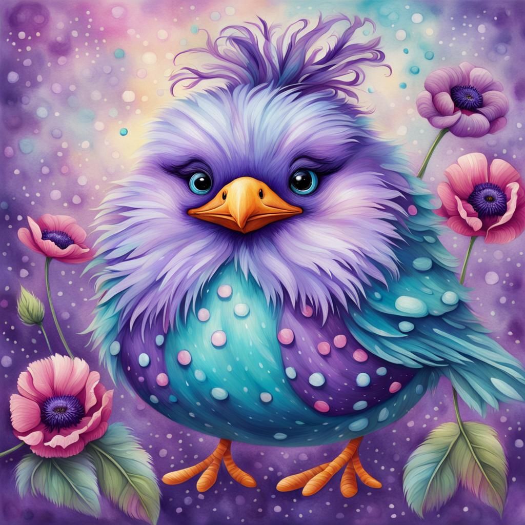 Chubby Bird with Poppy, Detailed Digital Illustration
