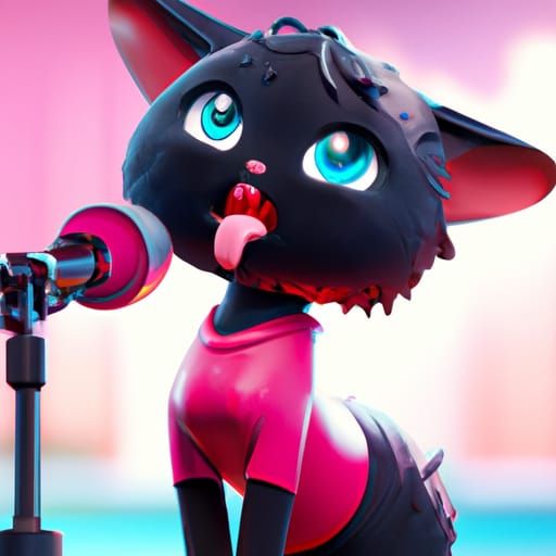 Cute Anime Cat Singing with Microphone
