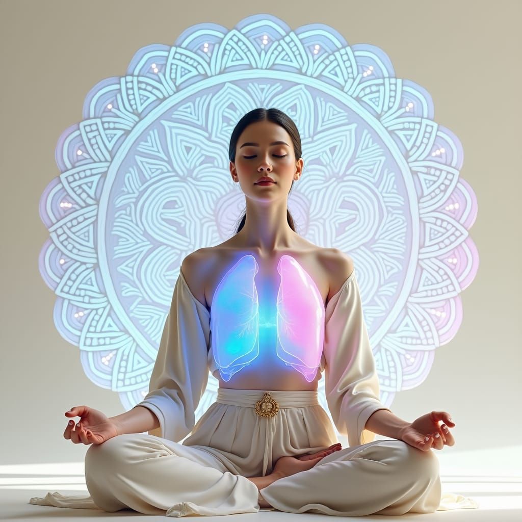 Meditating Woman with Ethereal Aura and Flower of Life