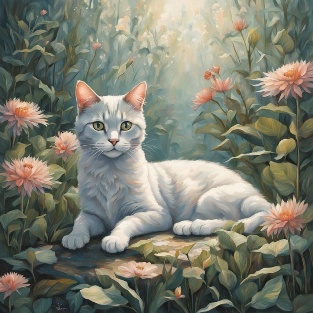 Whimsical Cat in a Peaceful Garden
