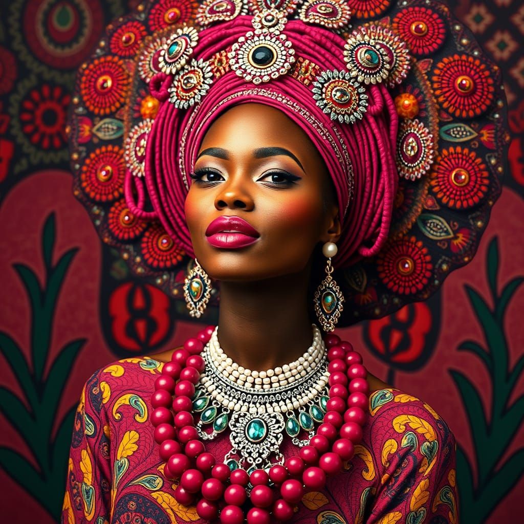 Dramatic African Queen in Ruby Jewels, Folk Art