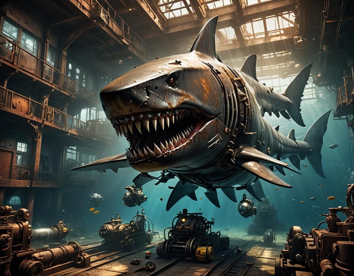 Giant Rusty Robot Shark in Steampunk Style