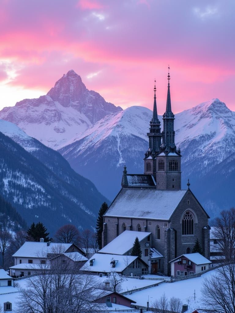Winter Sunset Over Gothic Church in Mountains