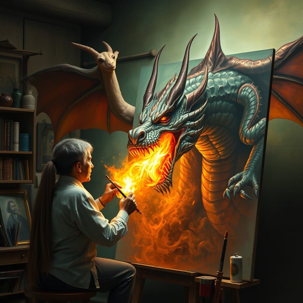 Artist Paints Fierce Dragon in Fiery Studio