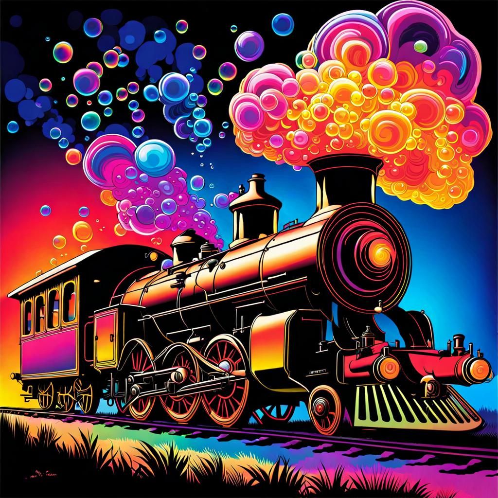 Psychedelic Steam Train in Black Light Poster Art