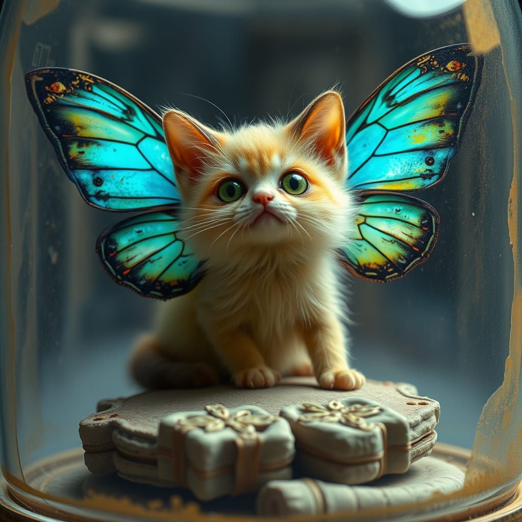 Cat Cryptid with Butterfly Wings in Specimen Jar