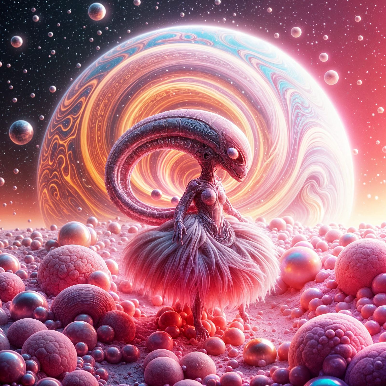 Cuddly Xenomorph in a Pink Dress Amidst a Gas Planet