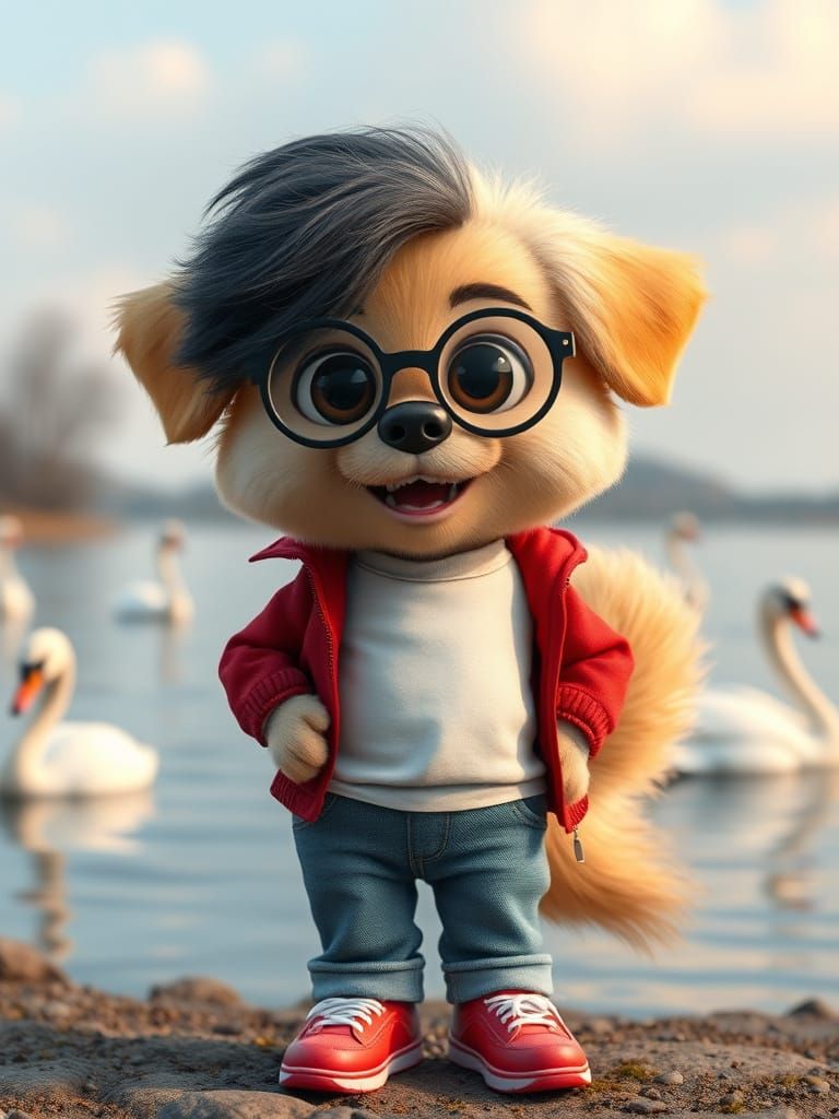 Anthropomorphic Dog in Red Jacket, Standing on Pond Shore