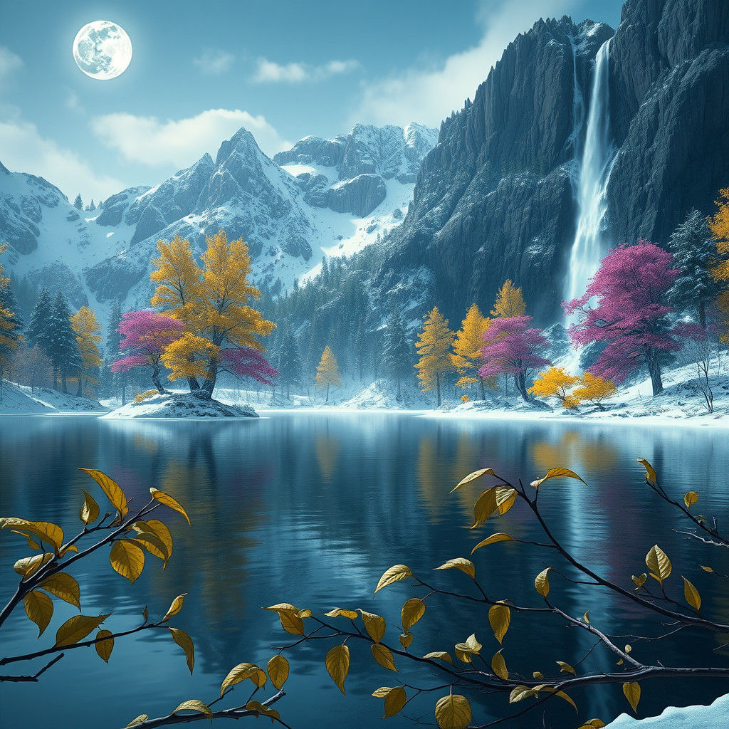 Snowy Lake and Waterfall in Fantasy Landscape Art