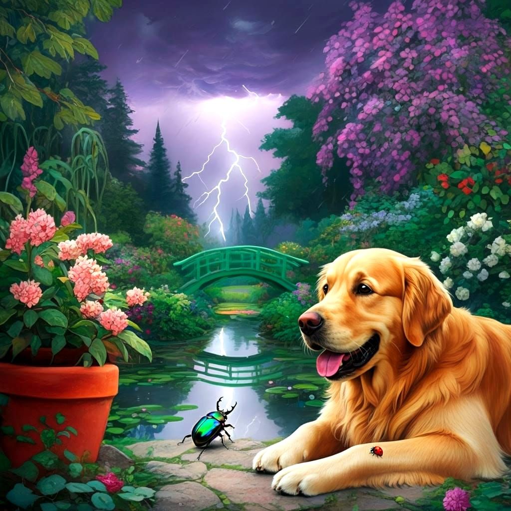 Golden Retriever Watches Ladybird Amidst Vibrant Stormy Gard...