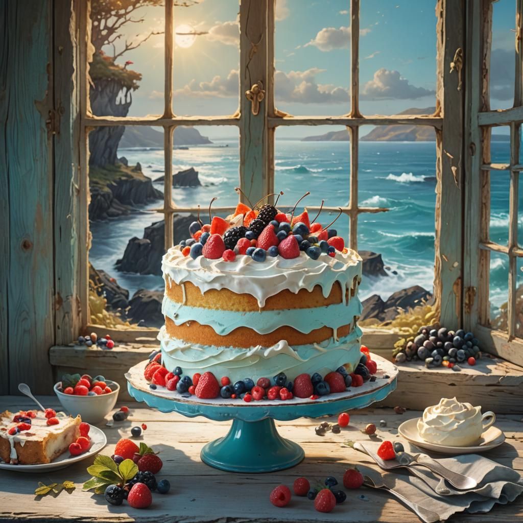 Majestic Berry Cake by Seaside Window: Digital Painting