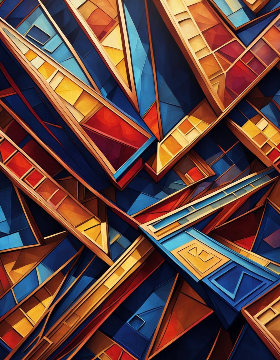 Geometric Cubist Painting in Crimson, Indigo, and Gold