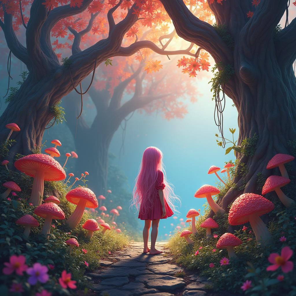 Mysterious Pink-Haired Girl in Enchanted Forest