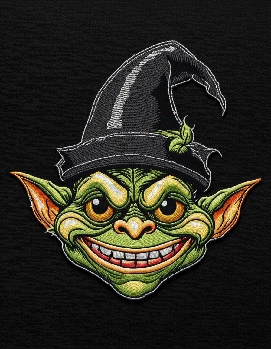 Embroidered Goblin Face on Black Canvas