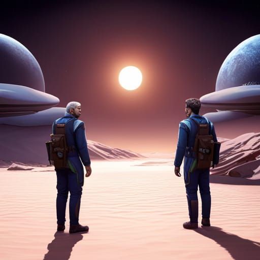 Two space doctors with medkits in backpacks