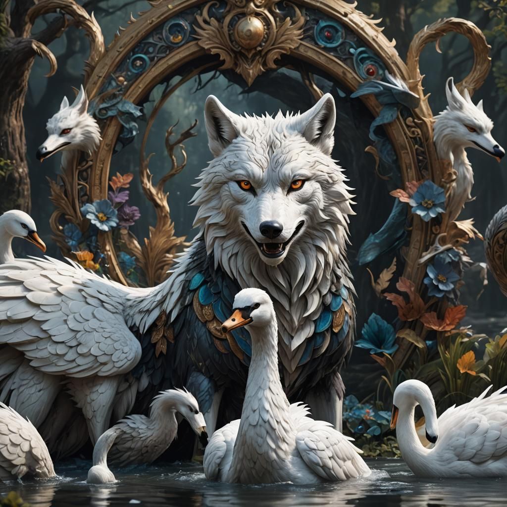 Hybrid Wolf-Swan Creature in Detailed Matte Painting