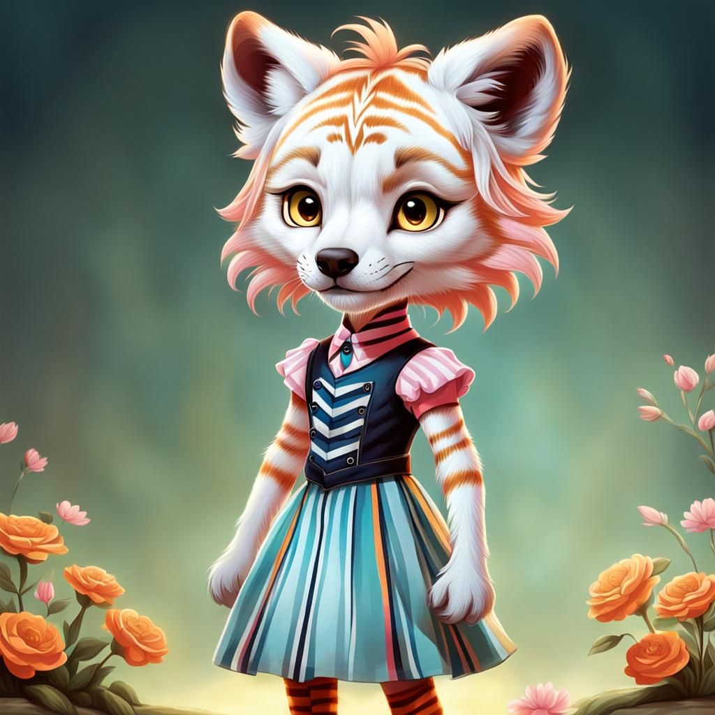 Anthropomorphic Striped Wolf-Tiger Pup in Pink Dress