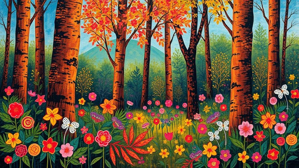 Vivid Floral Forest in Naive Art Style
