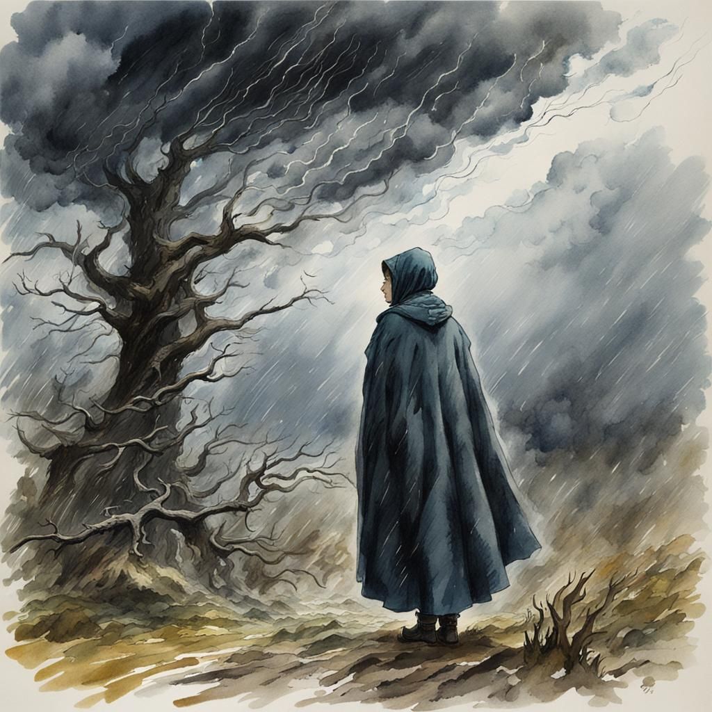 Fierce Storm with Woman in Cape: Watercolor Horror