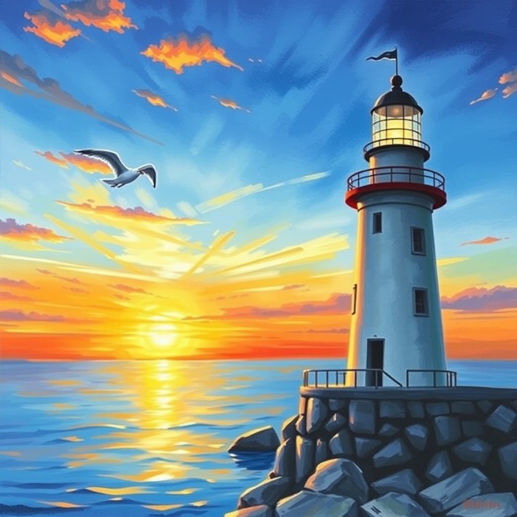 Seagull and Lighthouse at Sunset in Oil Paint