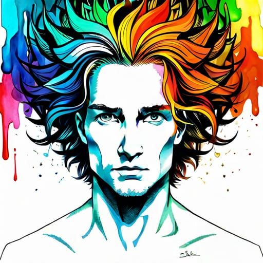 Rainbow Fire Hair Portrait in Coloring Book Style