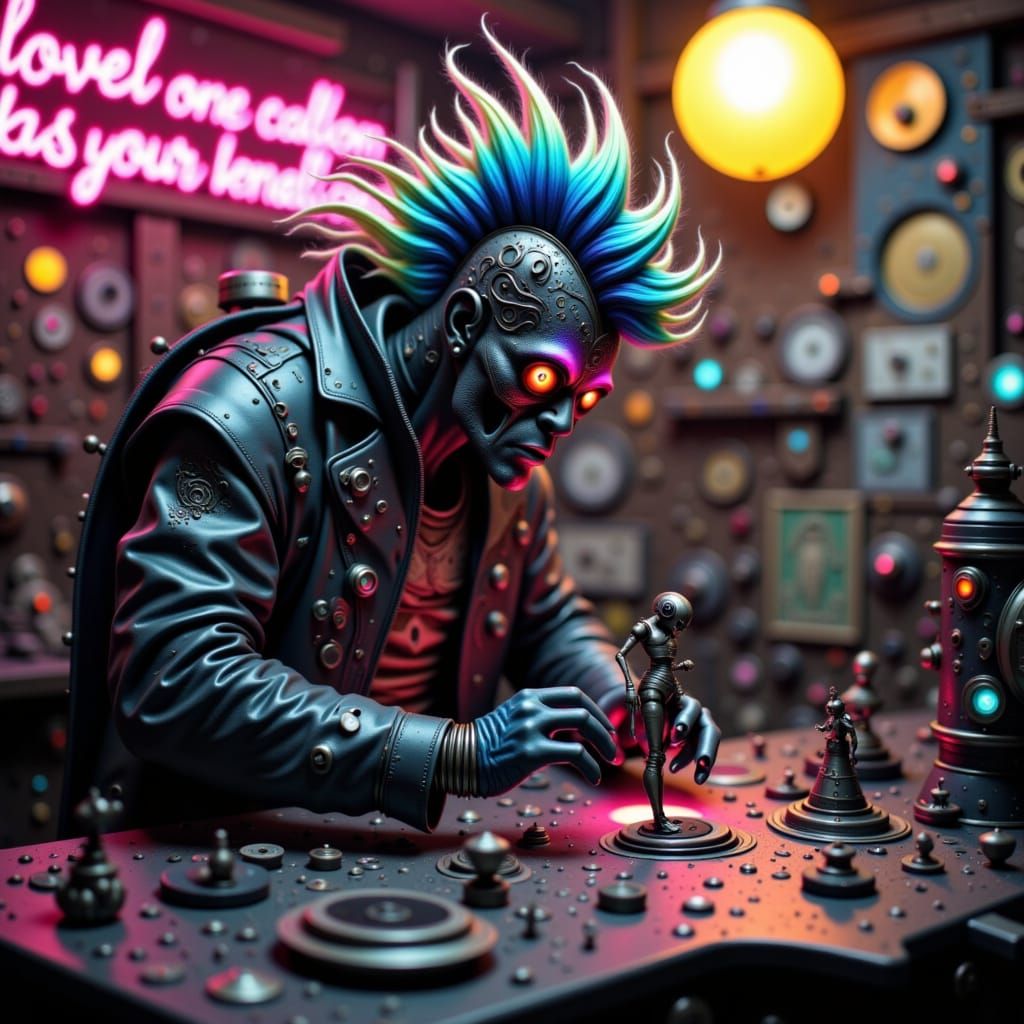 Cyberpunk Orc Clockmaker Assembling Robot