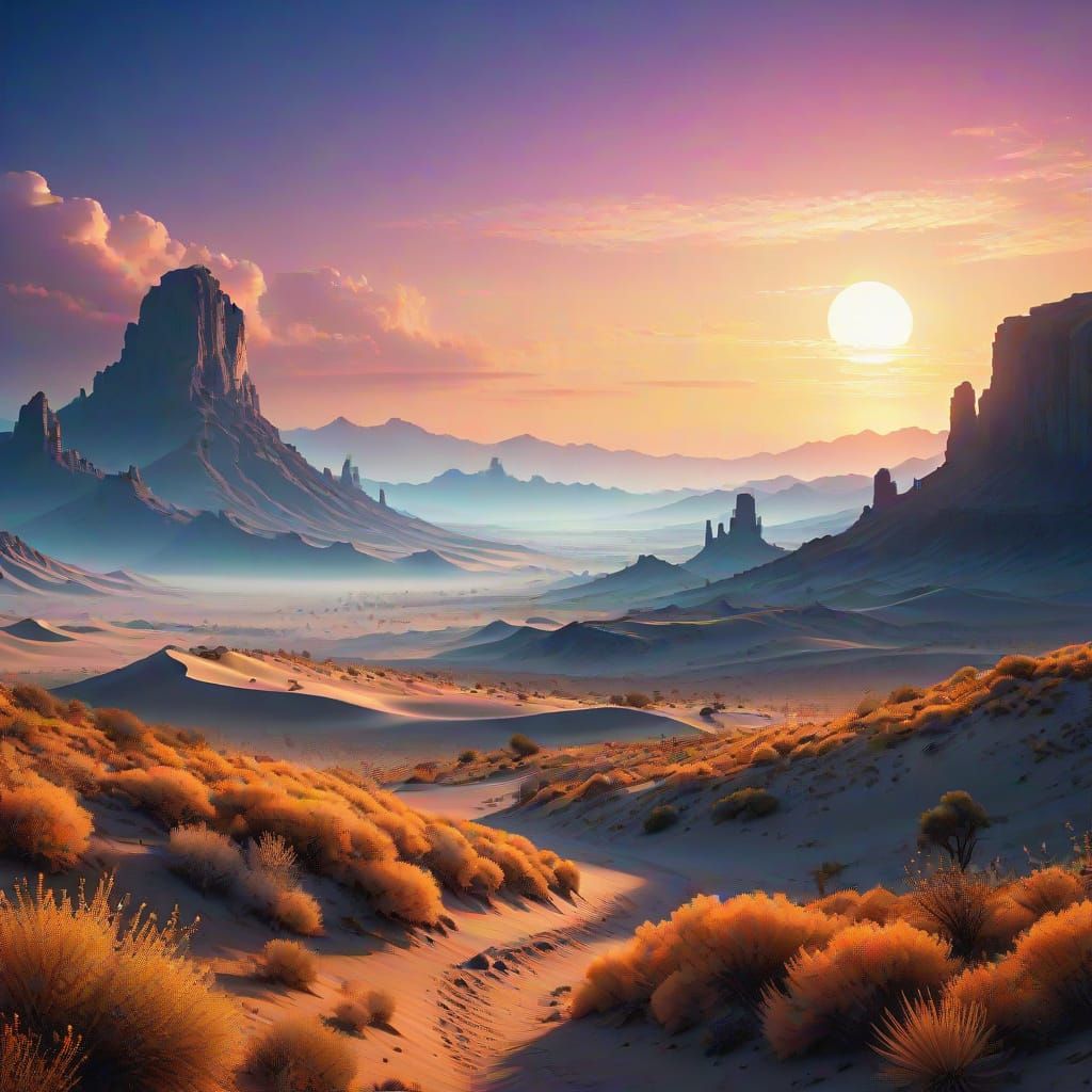 Cinematic twilight view of a wild desert plain on a misty morning