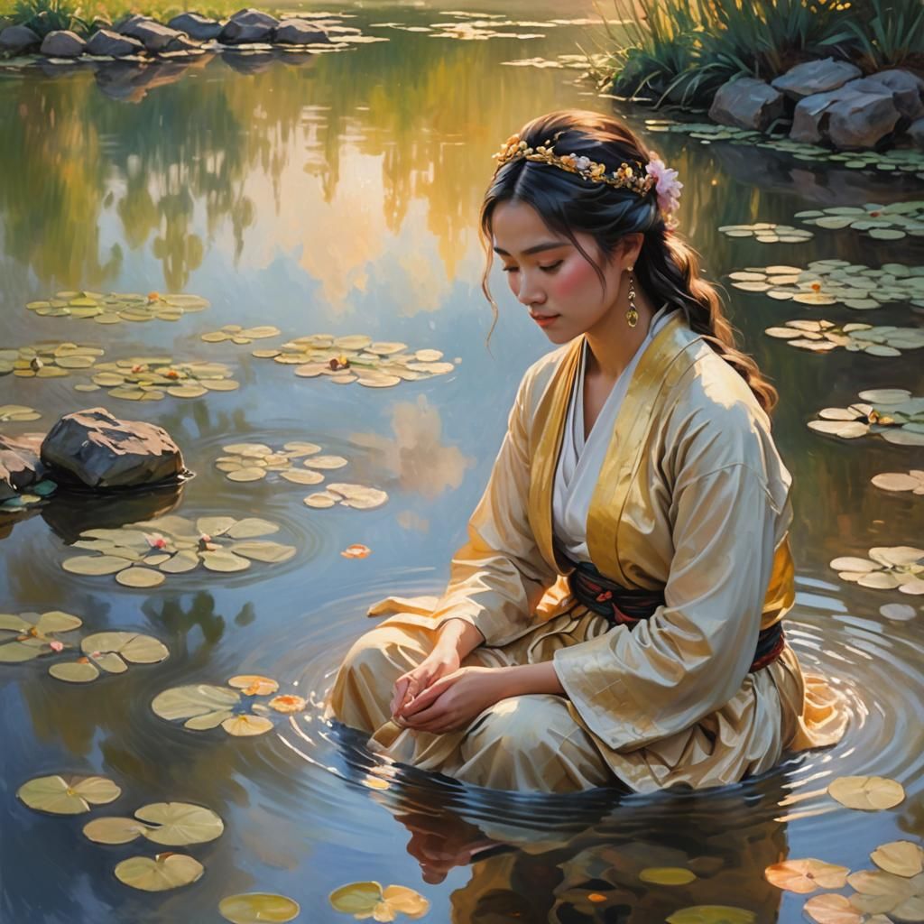 Impressionistic Girl Bathing in Pond at Dawn